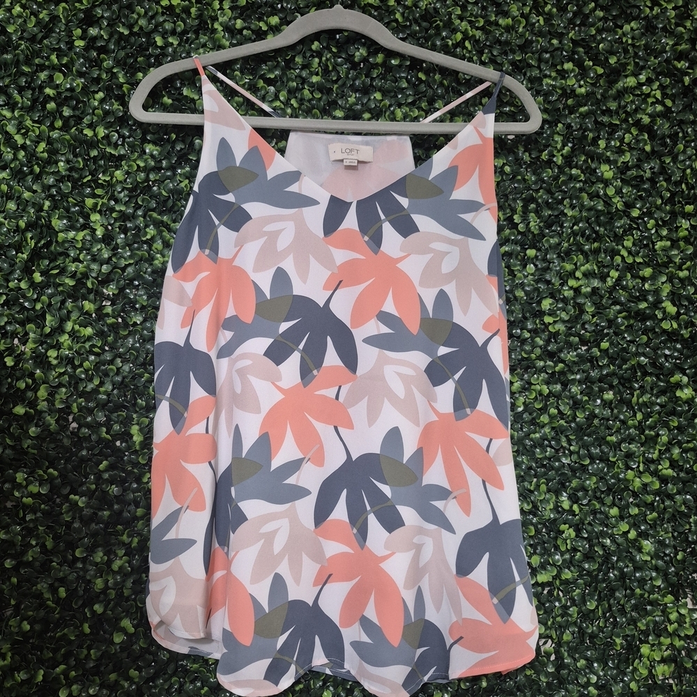 LOFT Women's Leaf Print Top - Coral and Navy